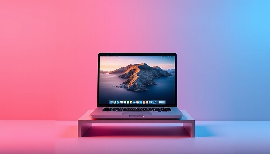 Elegant laptop stands with MacBook, gradient background.