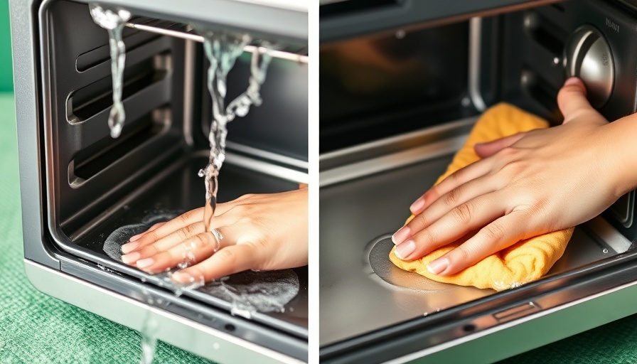 Collage of cleaning a toaster oven, hand scrubbing tray.