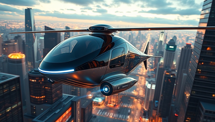 Futuristic UK electric air taxi service flying over city.