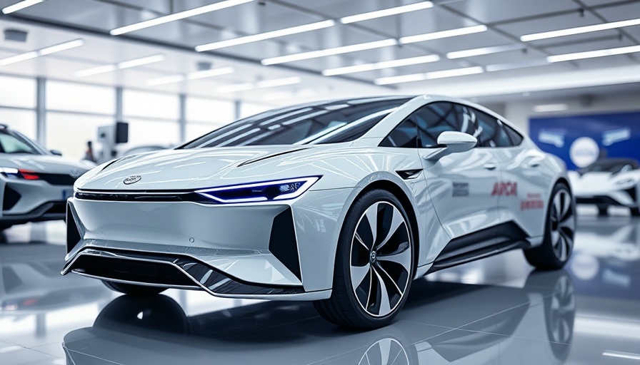 Cutting-edge software-defined vehicle in a futuristic showroom.