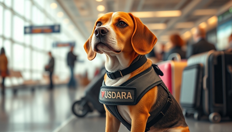 Alert beagle in USDA vest at airport.