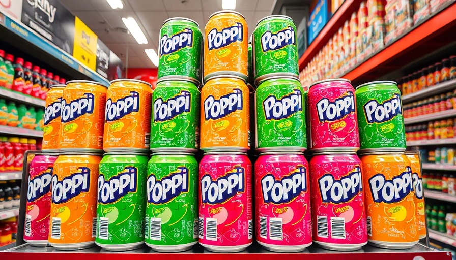Colorful Poppi soda cans in a vibrant display.
