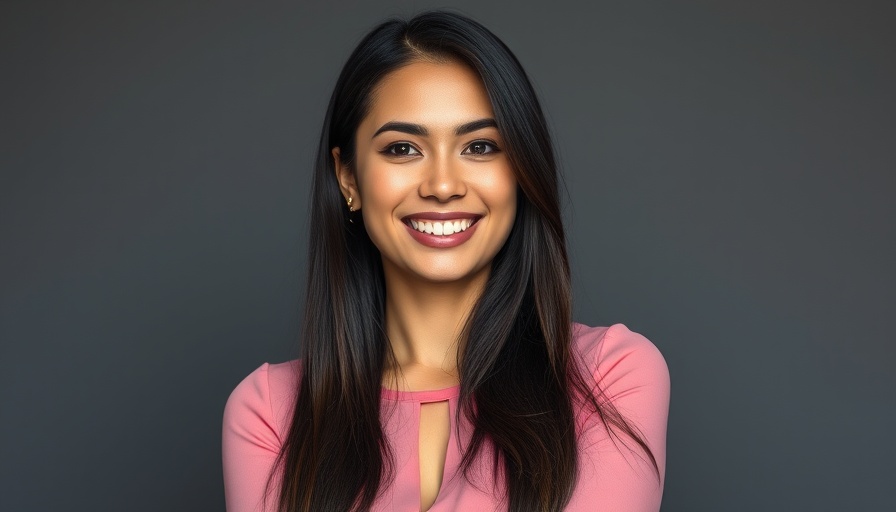 Professional portrait of a smiling woman in a pink top with a gray background.