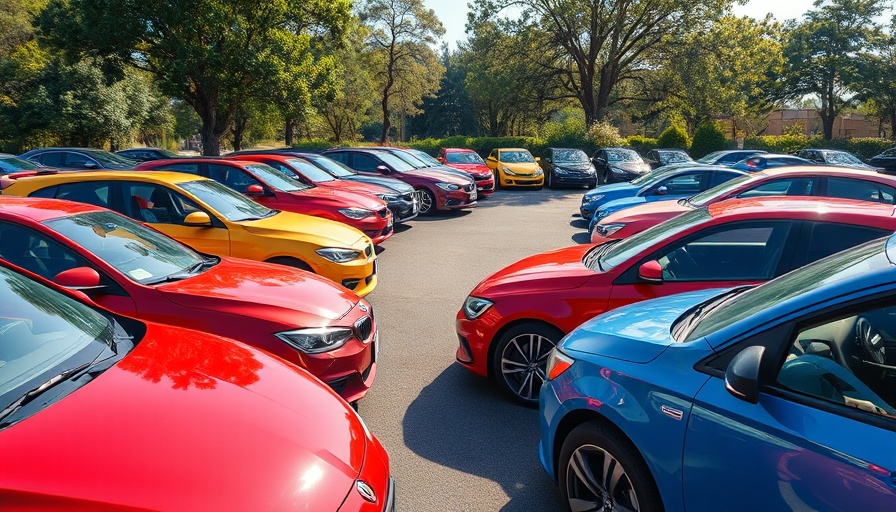 Parked colorful cars in sunlit lot highlighting diversity.
