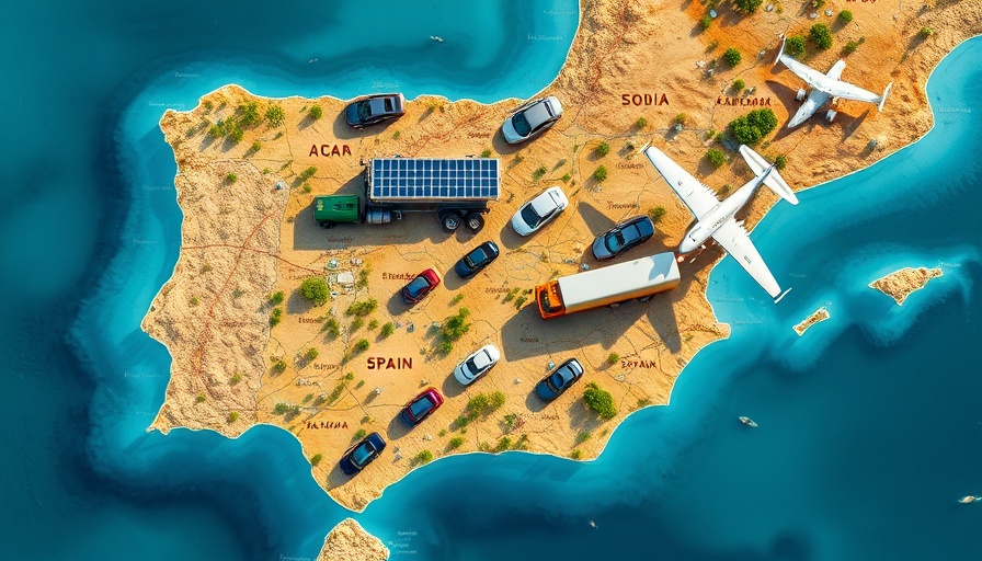 Aerial map with eco-friendly vehicles promoting Sustainable Fuels in Spain.