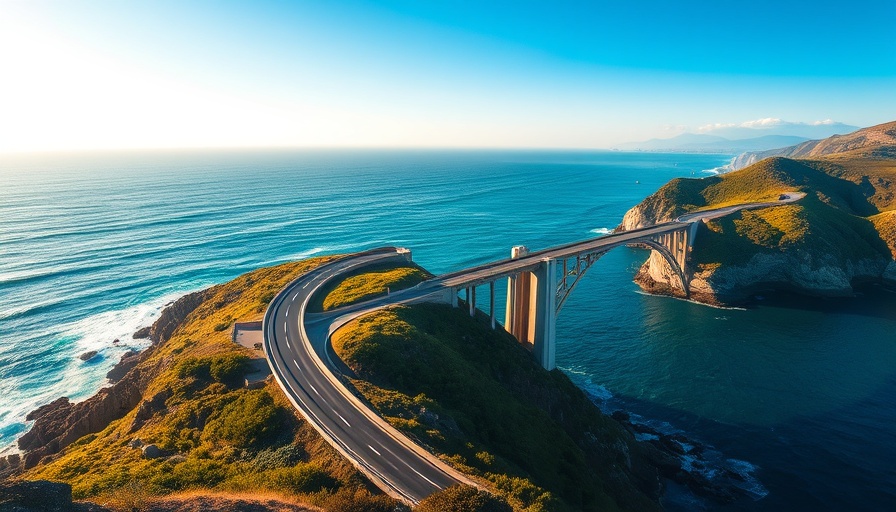 Scenic byway in Southern California with arch bridge and cliffs.