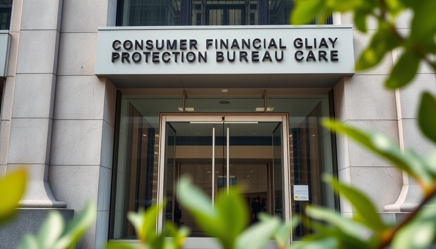 Consumer Financial Protection Bureau building entrance in daylight.