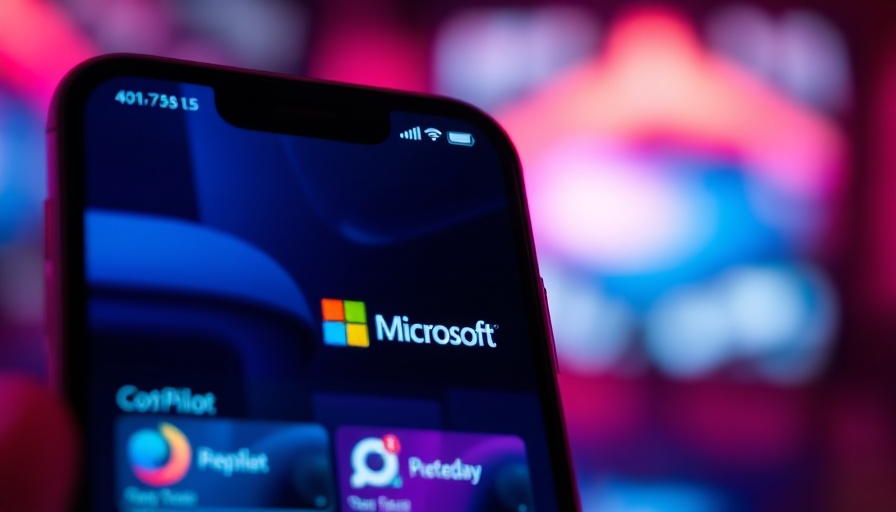 Smartphone showing Microsoft Copilot app, Microsoft logo in background.