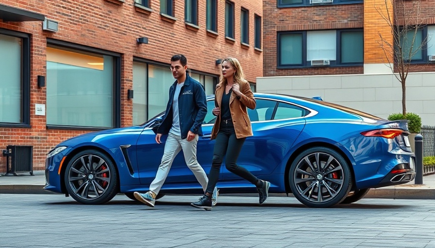 Stylish individuals and blue car in European urban setting for managing capex OEMs.