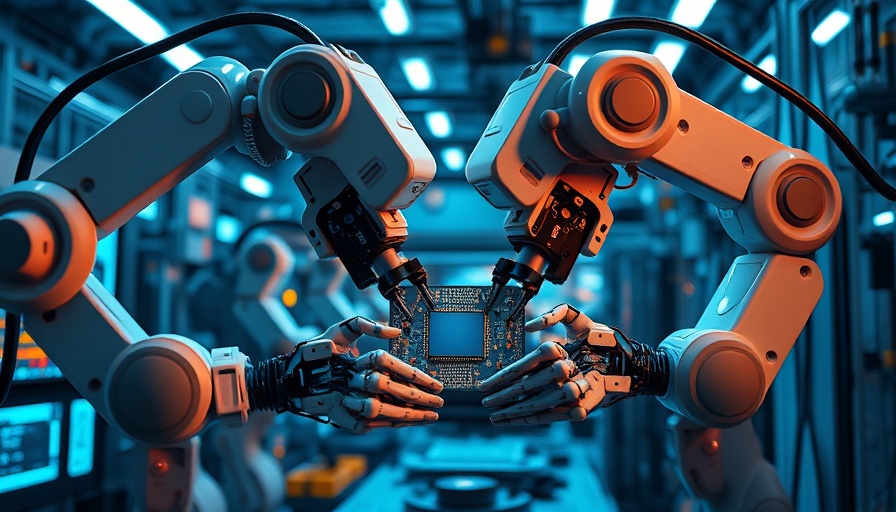 Robotic arms in action at AI chip factory, showcasing technology innovation.