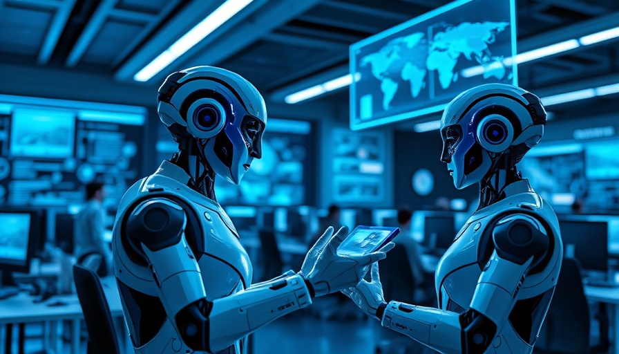 Futuristic AI agents handling customer data in a modern office