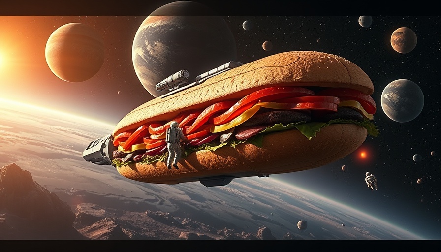Cosmic sandwich spaceship and astronauts exploring space, non-binary voice assistants concept art.