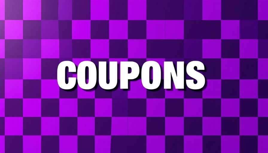Bold 'COUPONS' text on purple checkered background.