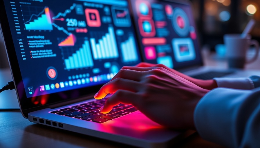 Laptop with digital marketing interface and vibrant icons.