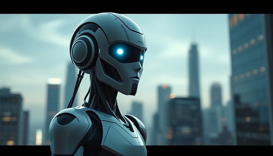 Futuristic robot with glowing eyes in a cityscape, symbolizing Verizon Business Assistant for Small Businesses.