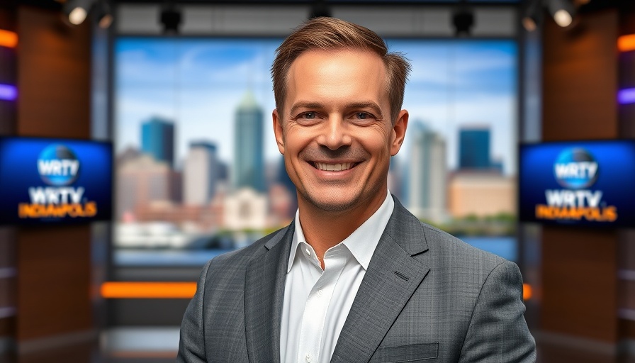 Smiling man in suit in front of WRTV backdrop, Marc Mullins Departing