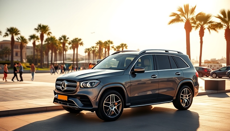 Sleek grey SUV parked by a beachside promenade with palm trees.