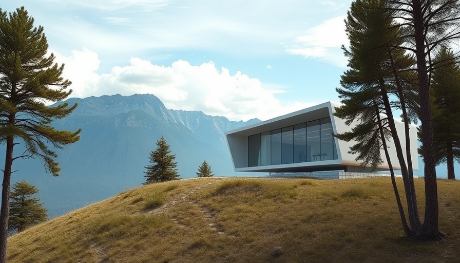 Modern architectural home on grassy hilltop with panoramic mountain views.