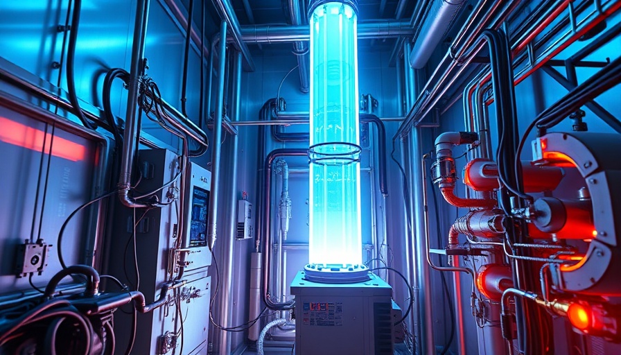Innovative energy technology with blue glow and complex wiring in a lab.