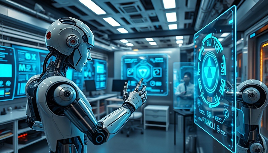Futuristic AI Agent Studio with robots and holograms.