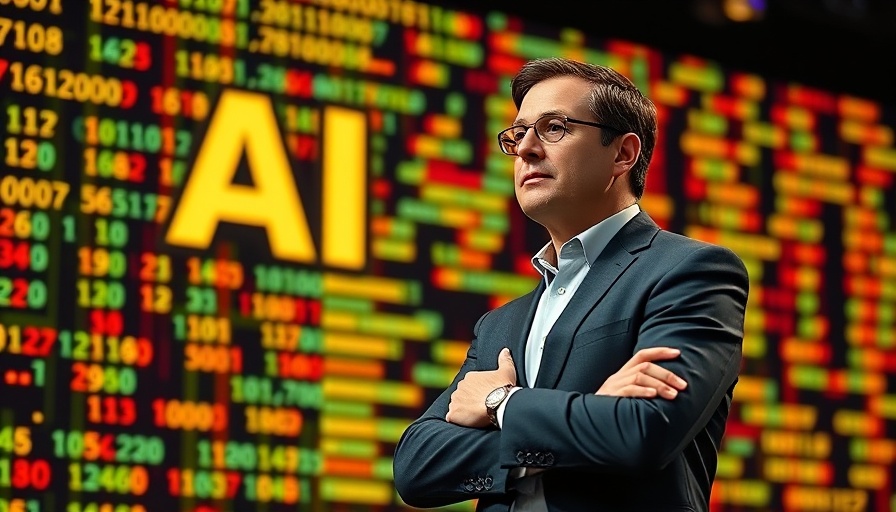 Thoughtful speaker presenting on AI with vibrant digital backdrop.