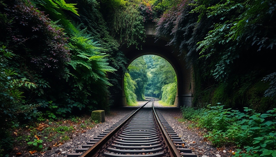 Overgrown railway tunnel with vibrant foliage and old tracks.