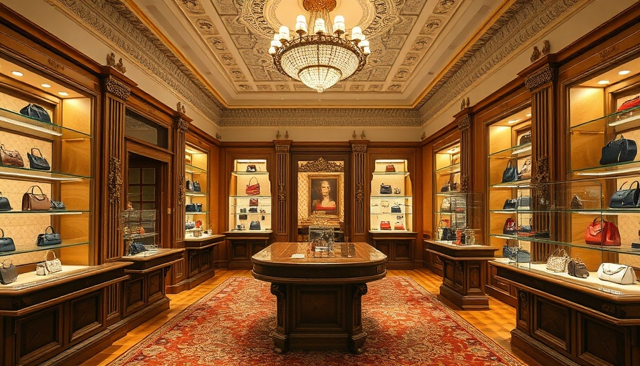 Luxurious spacious store interior with handbags on display.