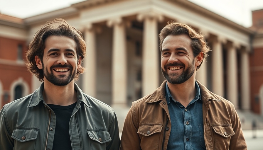 Casually dressed men smiling outside a columned building, AI in debt collection in MENA