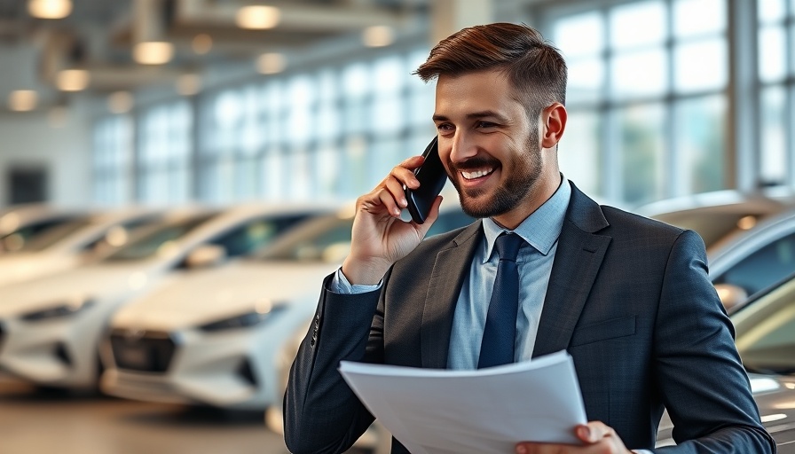 Man discussing lead generation strategies at dealership, smiling on phone.