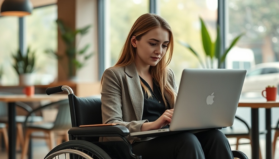Woman in wheelchair working on laptop in a cafe, highlighting European Accessibility Act compliance.