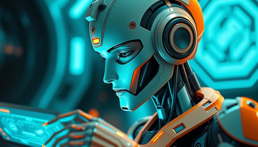 Futuristic humanoid robot using AI-powered solutions, digital interface, sci-fi setting.