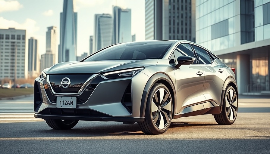 Futuristic Nissan EV with U.S.-made battery in modern city.