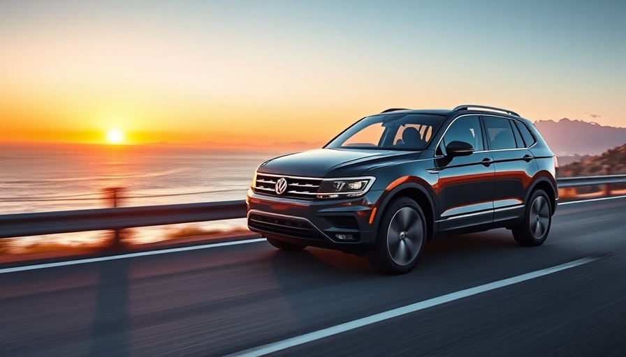 2025 Volkswagen Tiguan on a coastal highway at sunset