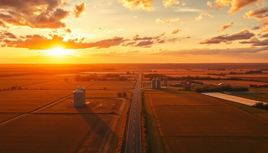 Aerial view of rural American farmland at sunset, highlighting Rural America Economic Contributions.