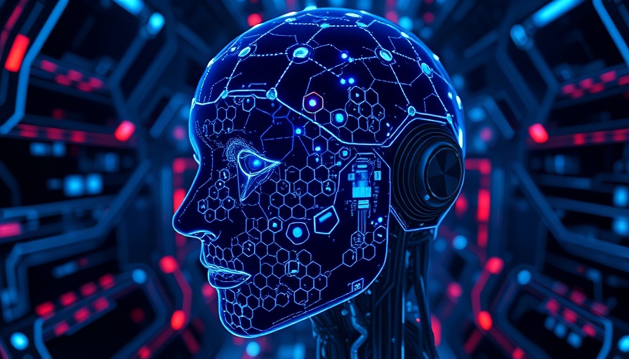 Futuristic AI interface with digital brain and robotic face in a hexagonal pattern environment.