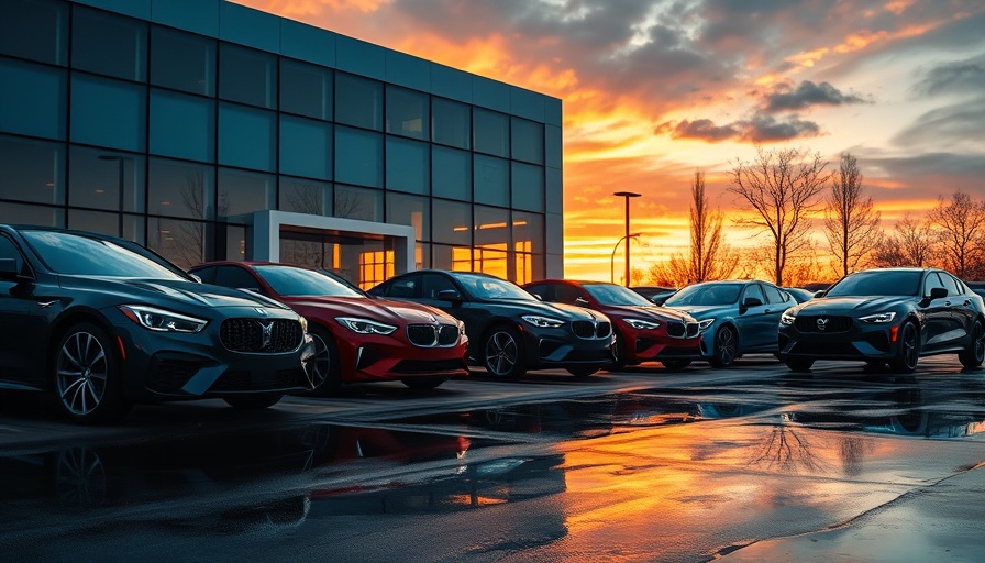 Modern car dealership during sunset with cars reflecting on wet pavement, highlighting dealership acquisitions.