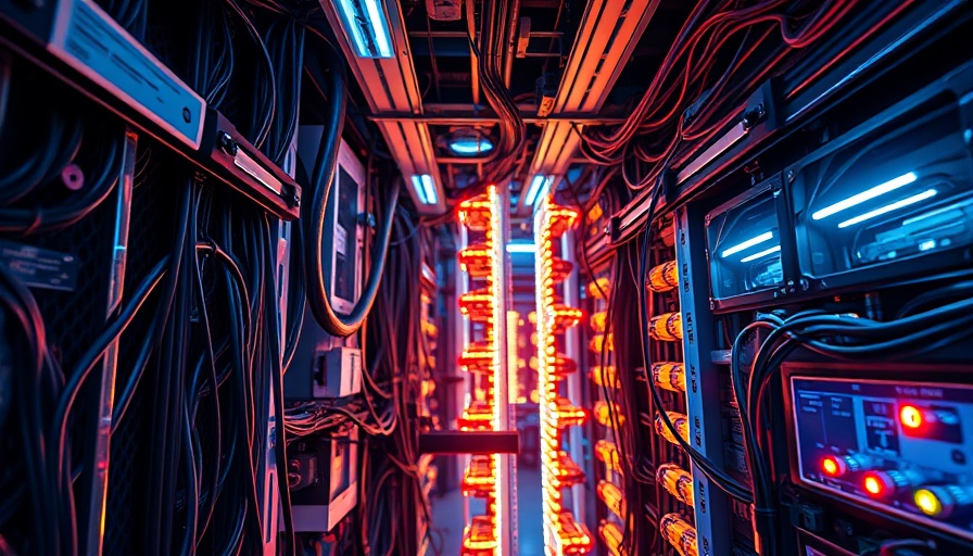 Futuristic energy lab with complex wiring and lights, future of energy and chatbots.