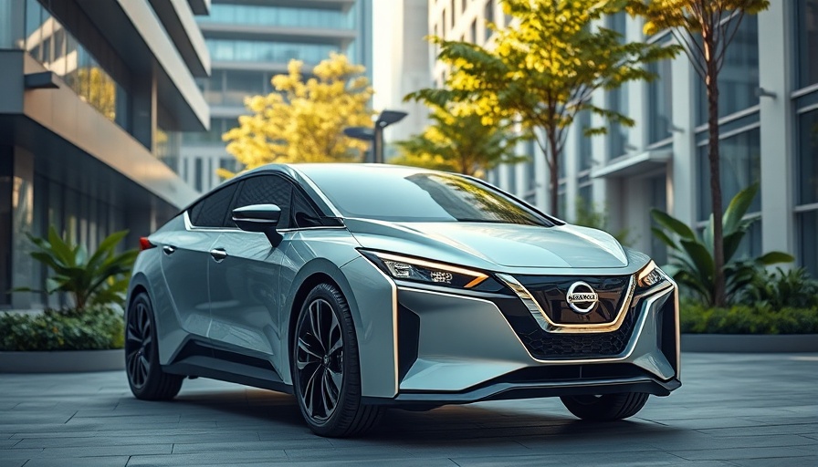 Nissan future EVs with US-made batteries by SK On in a modern eco-friendly urban setting.