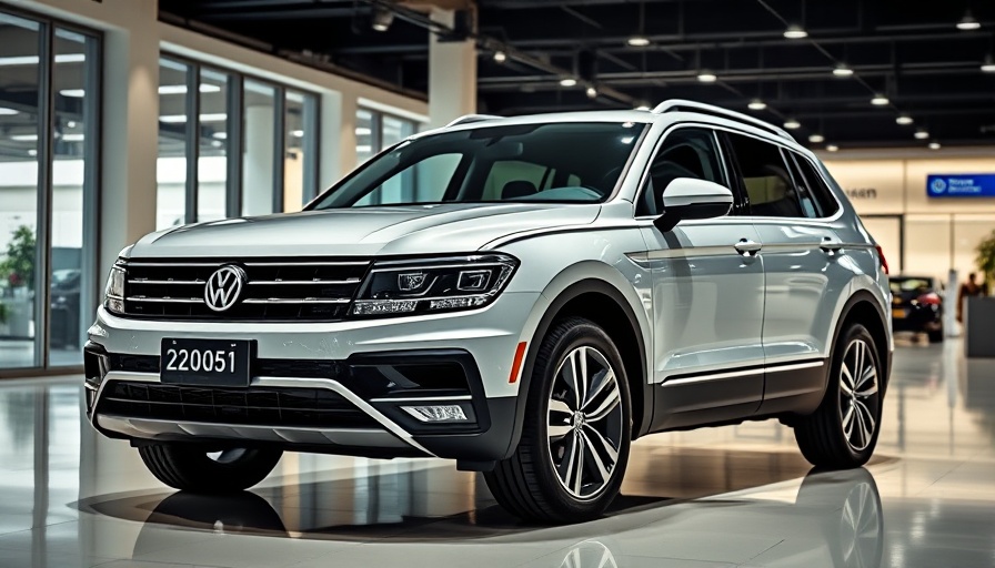 2025 Volkswagen Tiguan in modern showroom, highlighting design and potential price increase.