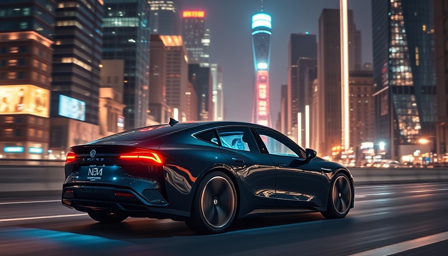 Futuristic electric car in city at night with in-cabin sensing technology.
