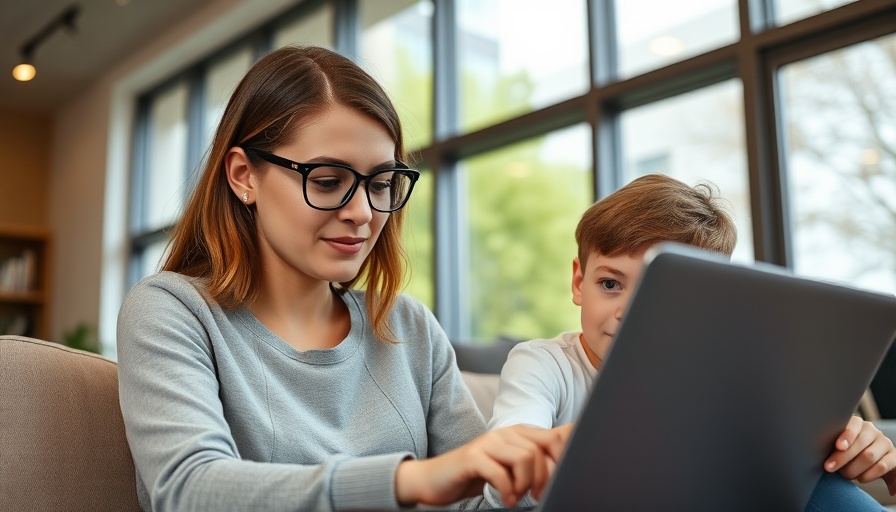 Mother multitasking with child in home office, gender pay gap in dealerships.