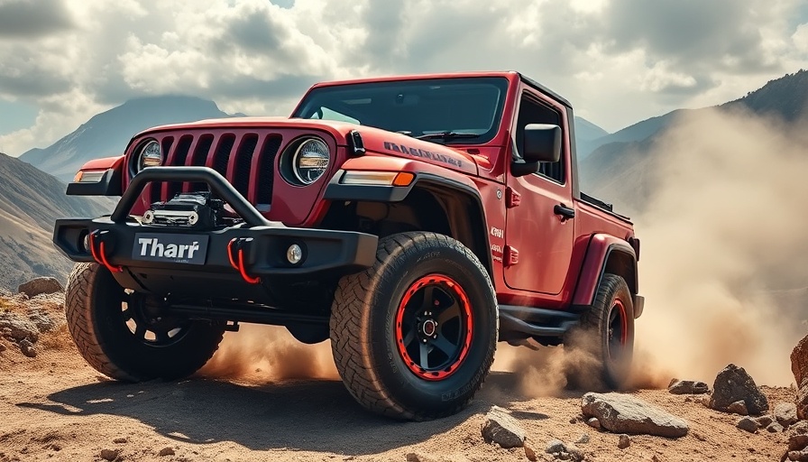 Mahindra Thar showcasing ROXX advanced suspension in rugged terrain.
