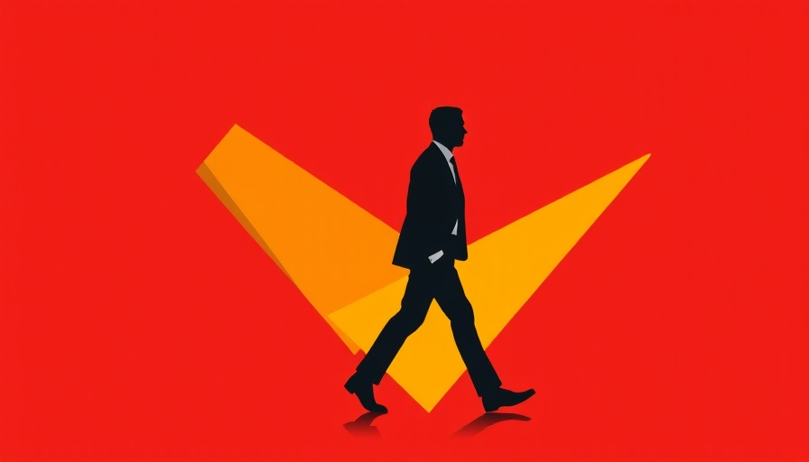 Minimalistic art of a businessman walking with abstract shapes on red background, symbolizing CTO vs CMO AI leadership.