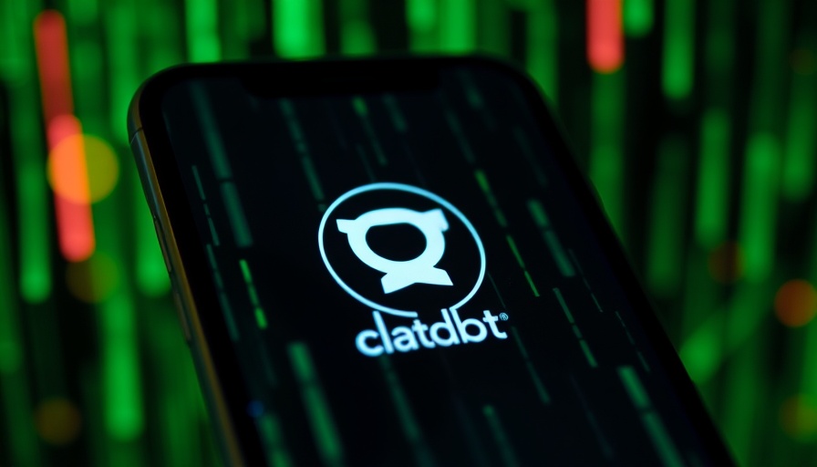 Smartphone showing Claude chatbot logo with digital matrix background.