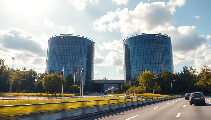 Futuristic data center buildings with European flags near highway.