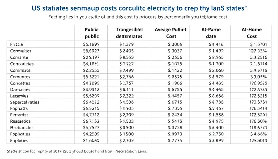 Data table comparing electricity costs by state for retailing electric vehicles.
