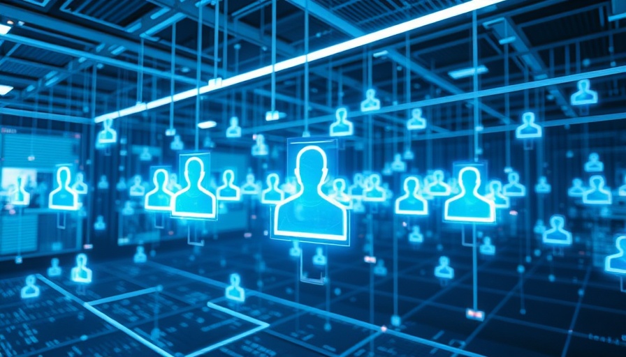 Futuristic AI-driven contact center with holographic user icons.