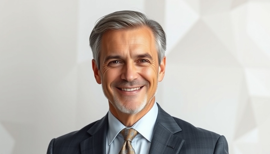 Professional man in a suit smiling confidently against geometric background.