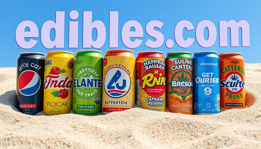 THC market entry strategies with colorful branded cans in sand.