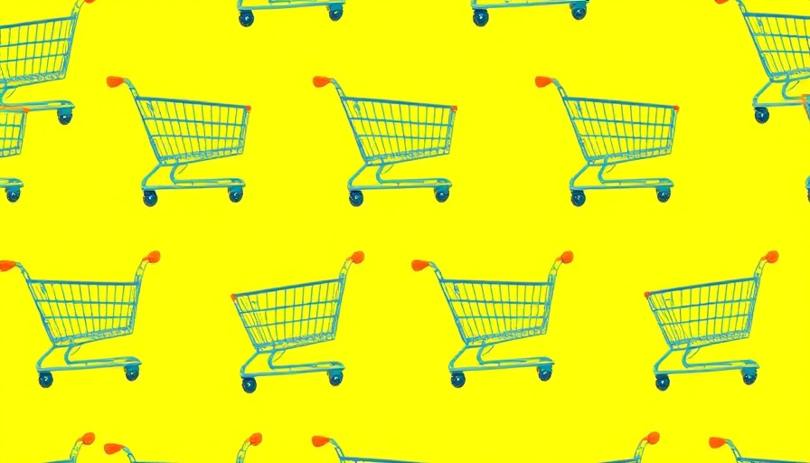 Shopping carts pattern on bright yellow background, AI tools and retail sites.